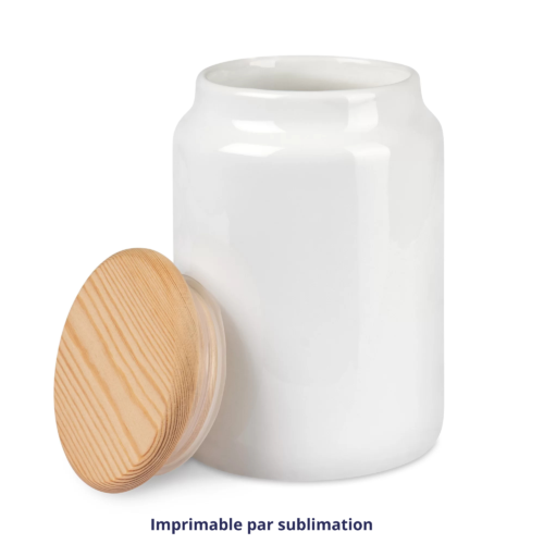 Pot en céramique blanc avec couvercle en bois